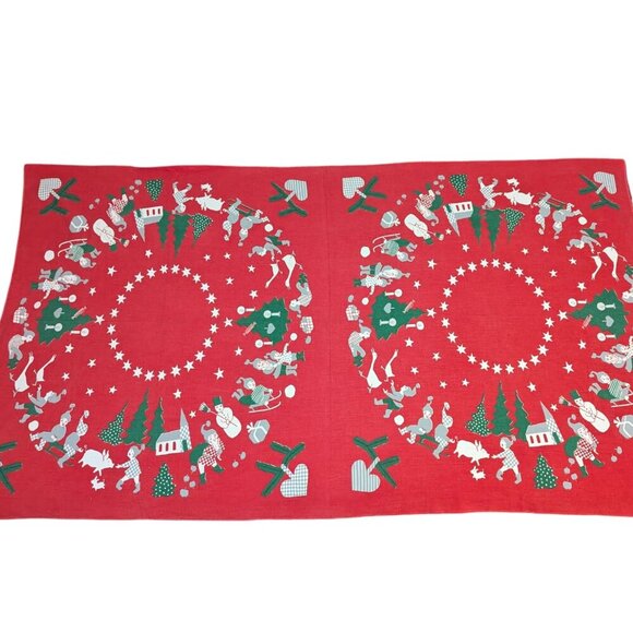 Vintage MCM Christmas Holliday Table Cloth Runner Elves Folk Art Boho Midcentury - Picture 2 of 7